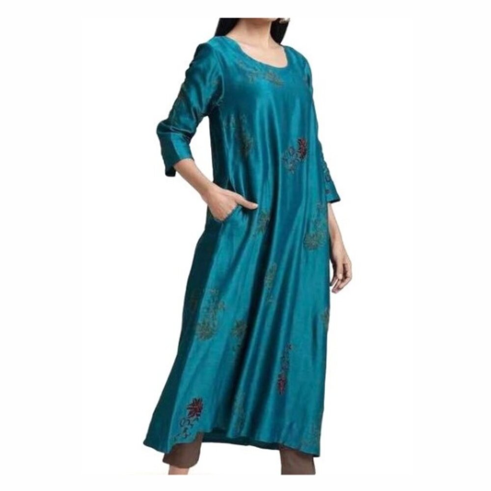 Tulsi Teal Chanduri Embroidered Dress Kurta Cotton Sz L Teal Purple Gold